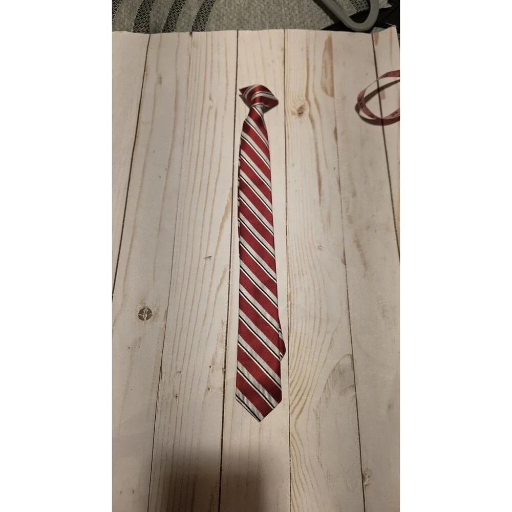 Clip On Tie Black Gray Red Striped 14